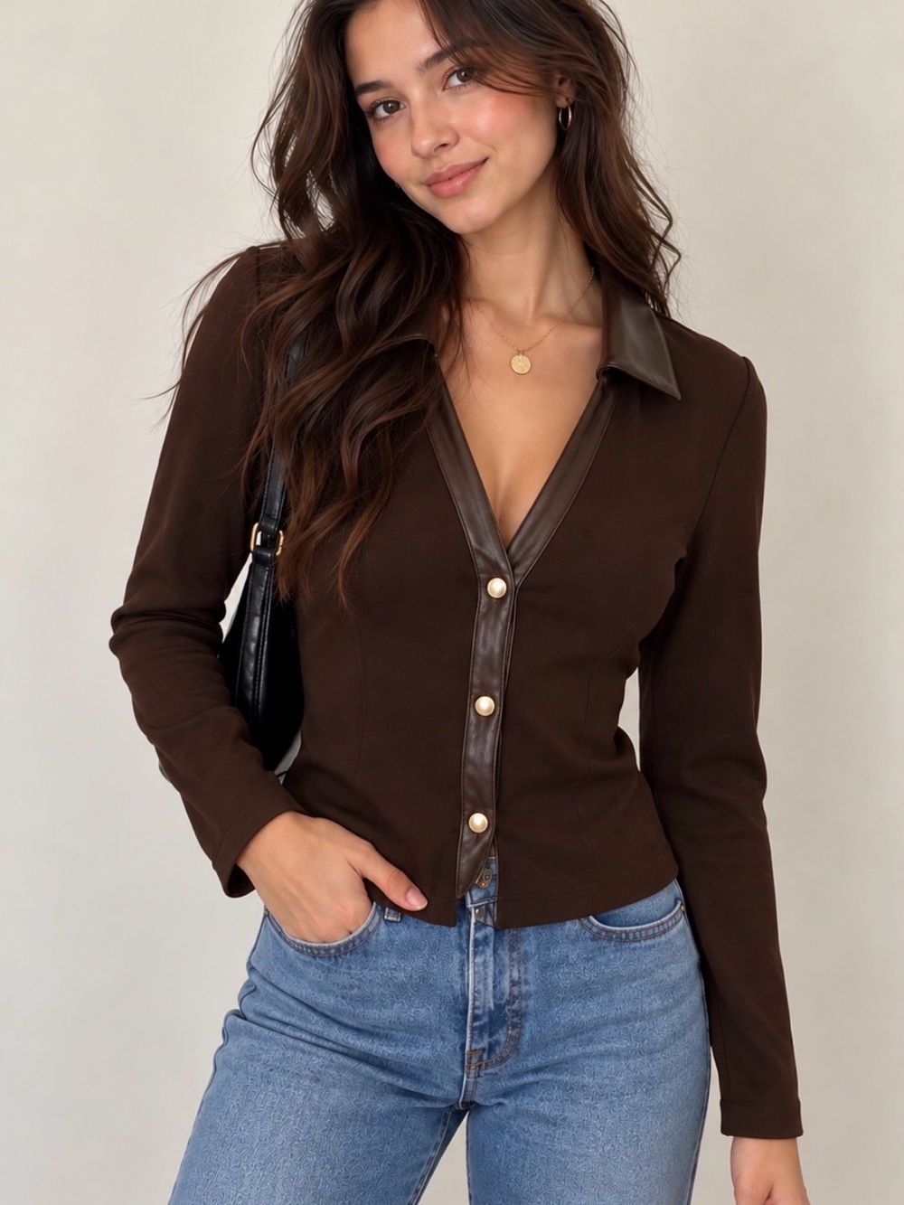 Michael Kors Brown Blazer with Faux Leather Trim